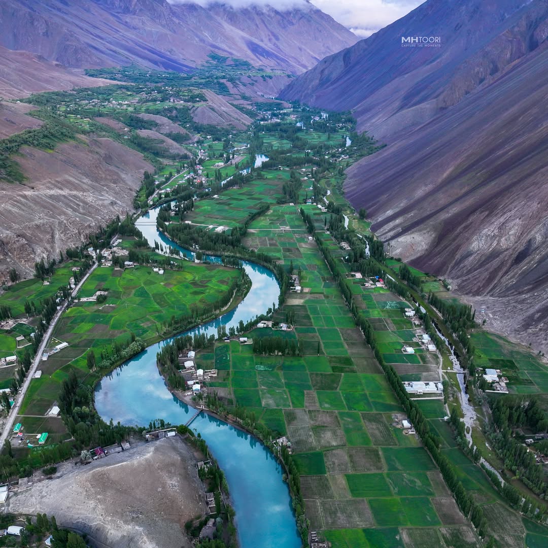 Aerial view of the Phander Valley river winding through green farmland